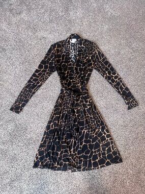 Vintage Black & Tan Animal-Print Wrap Dress
